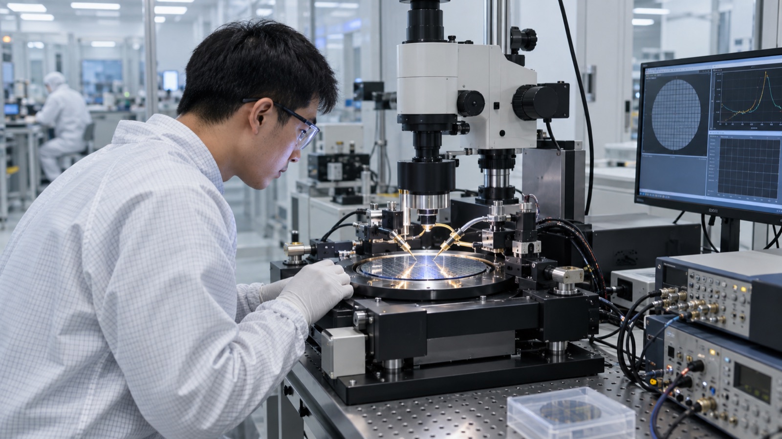工程师使用探针台测试半导体芯片器件